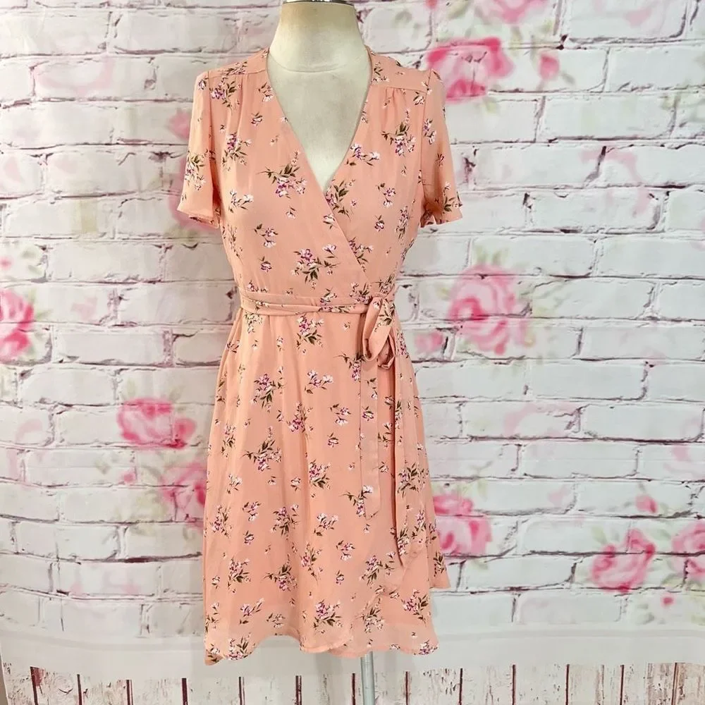 Lulu's Women's True Wrap Floral Short Sleeve Belted Pink Sundress Size S - Picture 1 of 11